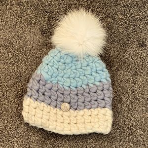 Mischa Lampert Color Block Beanie w/ white fur pom